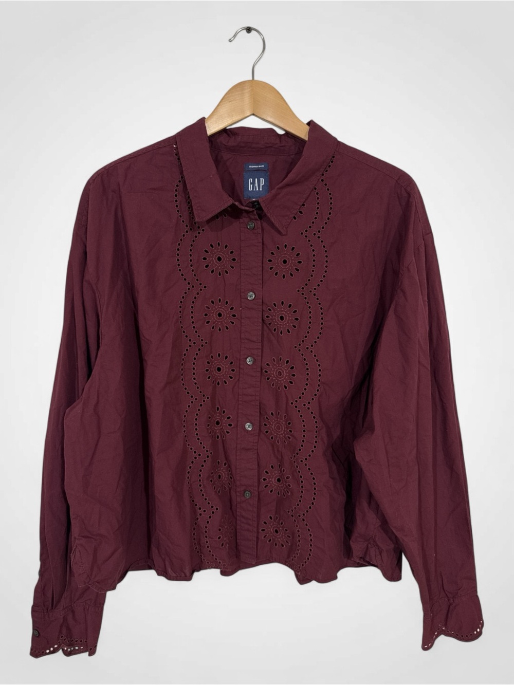 WSH48 {GAP} Dark Purple Eyelet Cutout Long Sleeve Button Down Shirt Top